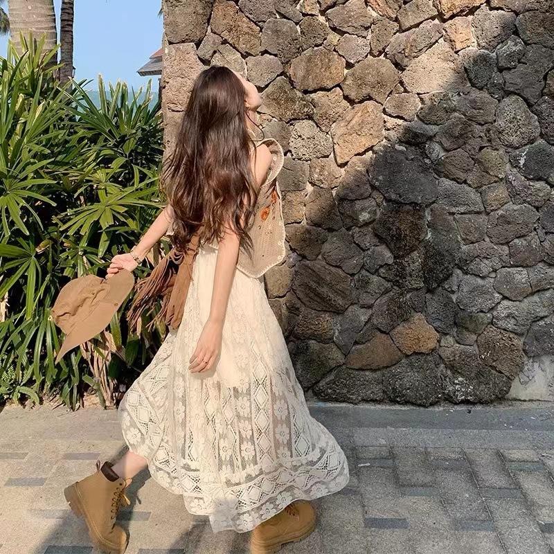 

Женские летние винтажные праздничные платья с открытой лямкой и кисточками, нерегулярные кружевные праздничные платья L абрикосовый