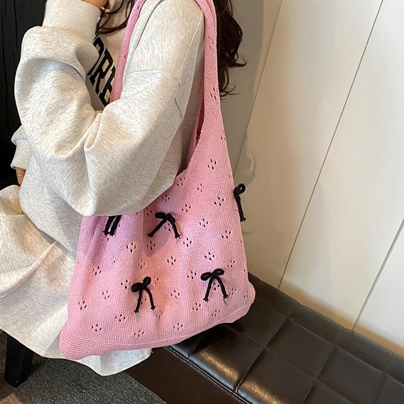 Solid Color Large Capacity Shoulder Bucket Bag Fashionable Knitted Work Commuter Bag Daily Shopper Tote For Women