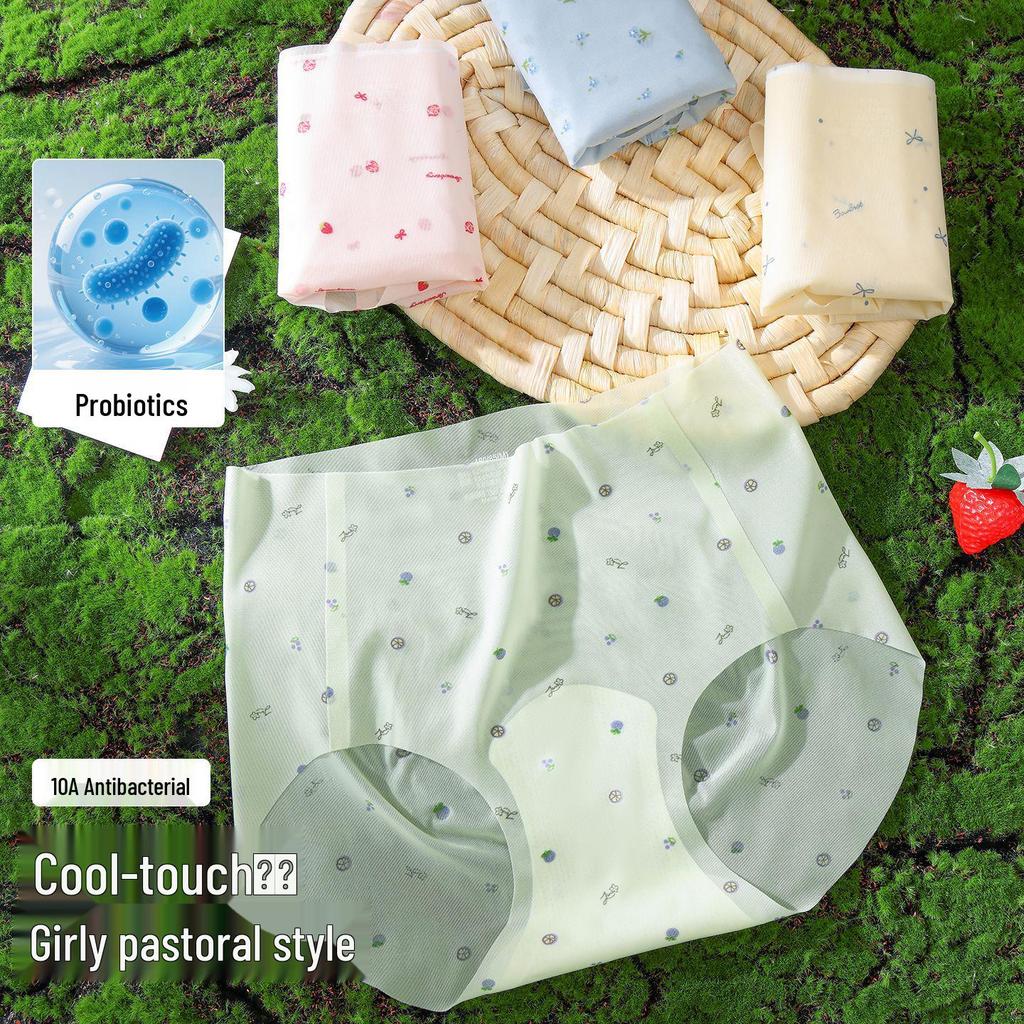 Ultra-thin Pastoral Ice Silk Seamless Quick-dry Underwear for Women - Antibacterial, Bare Feel, Summer Style with Print Design.
