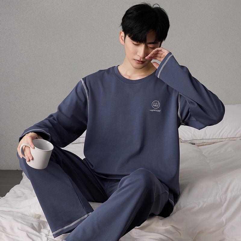 Men's 100% Pure Cotton Pajamas - Long Sleeve & Pants, Solid Color, Loose Fit, Two-Piece Set for Spring & Autumn Homewear.
