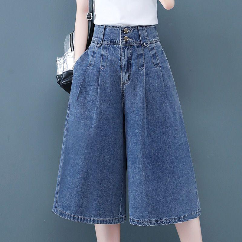 

2026 High-Waisted Slimming Wide-Leg Cropped Jeans Shorts S (80-95 jin) синій
