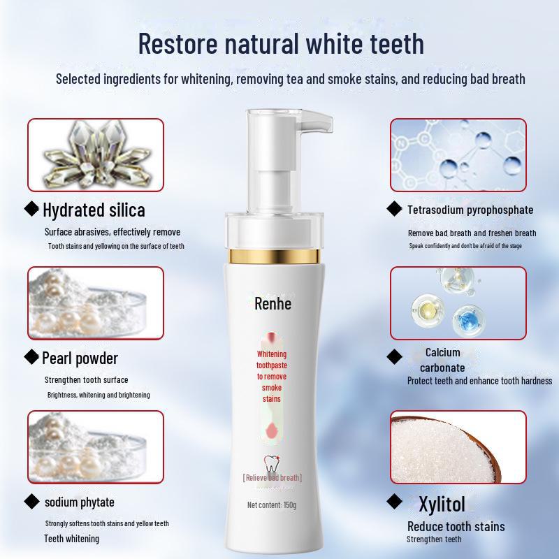 Renhe Toothpaste: Whitens, Removes Smoke Stains, Freshens Breath with Baking Soda, Probiotics; Push-type Innovation.