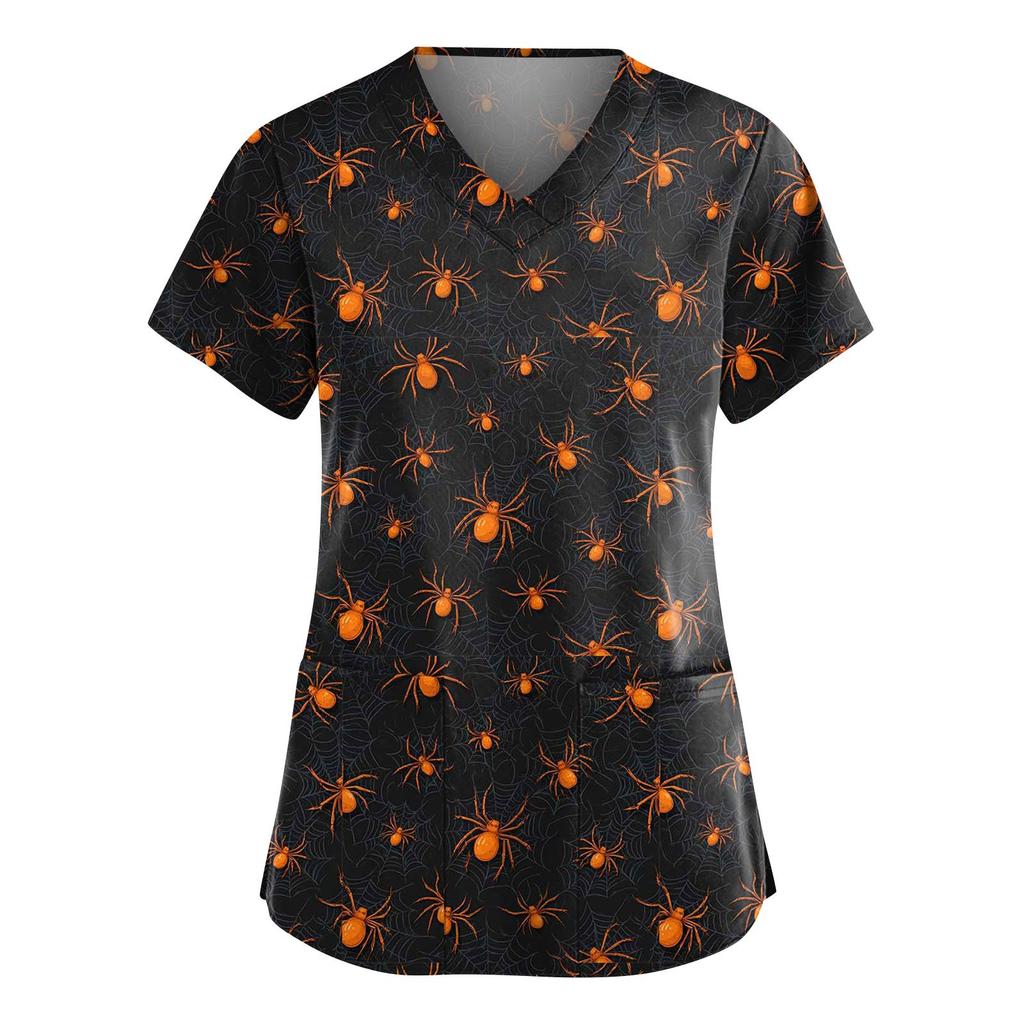 Tuta da donna alla moda con scollo a V, manica corta, con tasche, top stampati per Halloween, abbigliamento