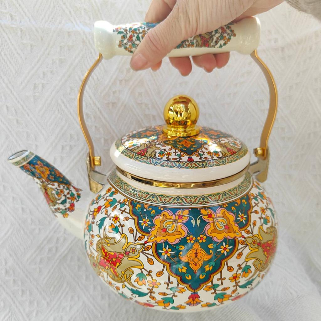 2.5 L Enamel Tea Kettle Easy To Clean 2.5L Water Boiling Pot Floral Stovetop Kettle No Whistling Bohemian Design Coffee Pot