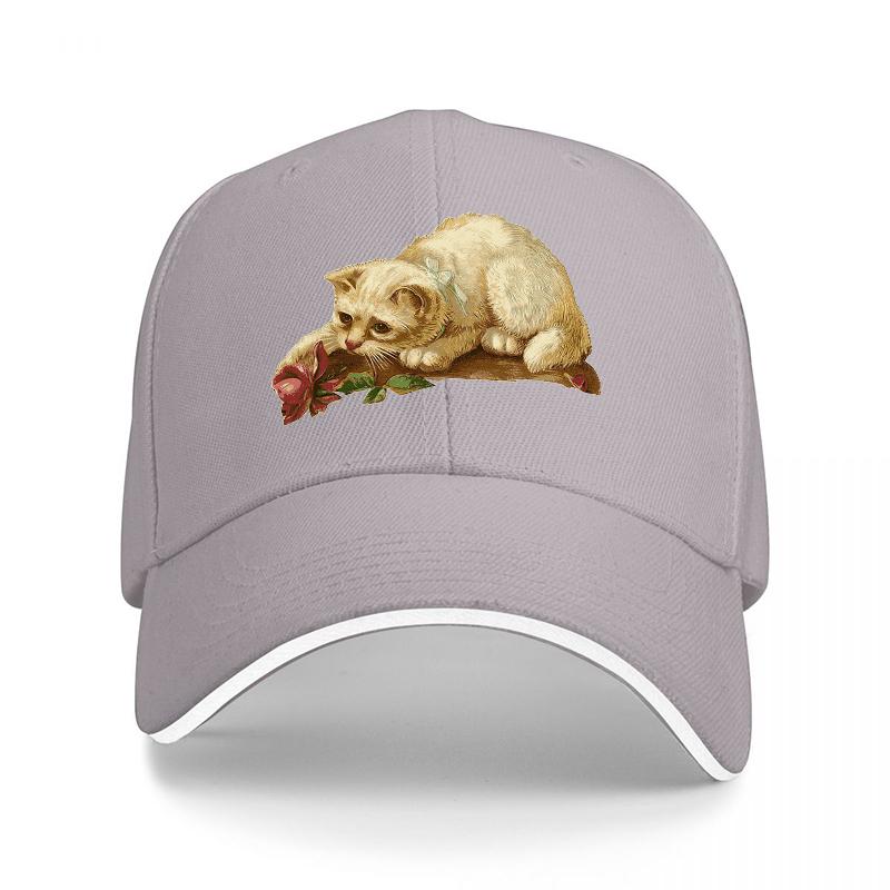 Cute Cat with Rose Embroidered Baseball Cap Classic Black Adjustable Hat for Unisex and Women Fashionable Streetwear Accessory