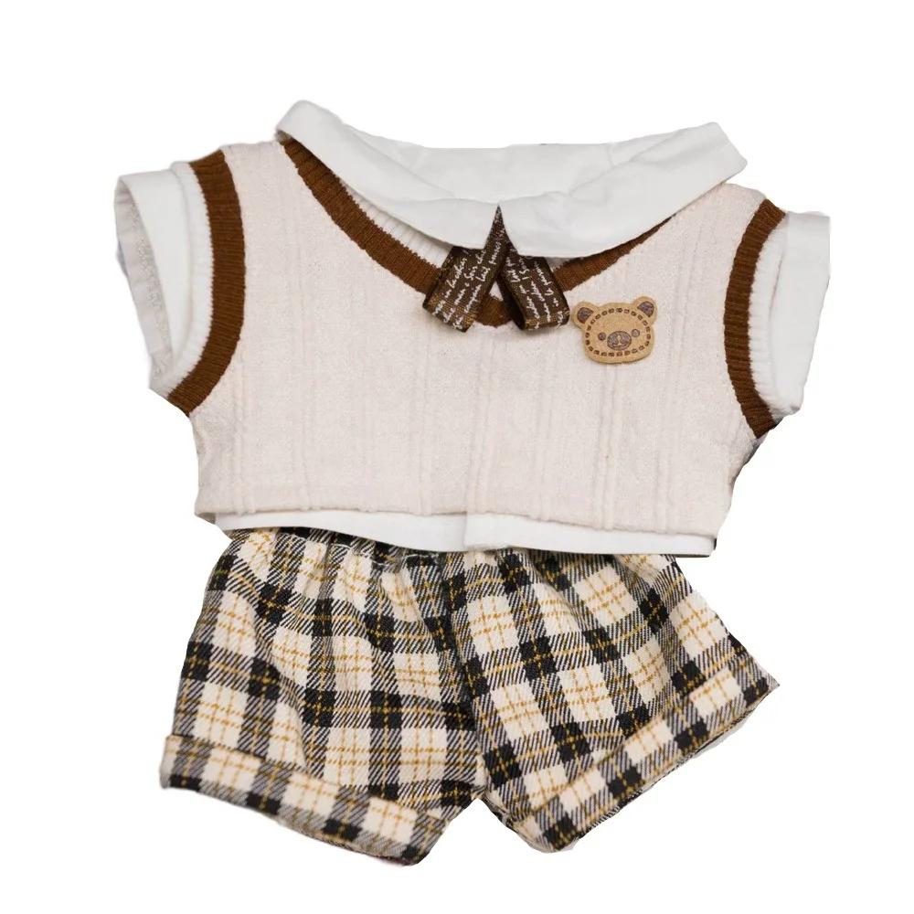 

1 set School Uniform 20cm Cotton Doll Clothes Plaid Shorts Outfit Cotton Doll s Clothes Knitted Vest Mini Plush Doll Clothes