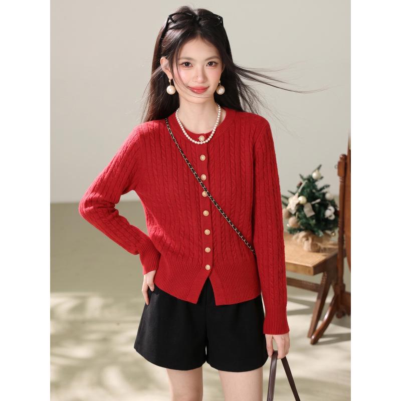 2026 Women's Red Cable Knit Cardigan Sweater with Gold Buttons - Small, Autumn Layer, Soft Sticky Knit Top