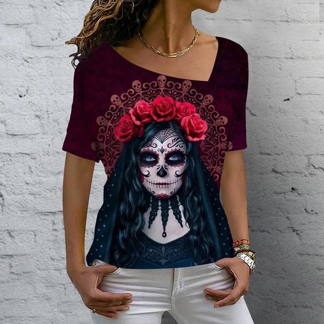 Summer V-neck 3D Skull Rose Print Top Fashionable Casual Short Sleeved Women's T-shirts