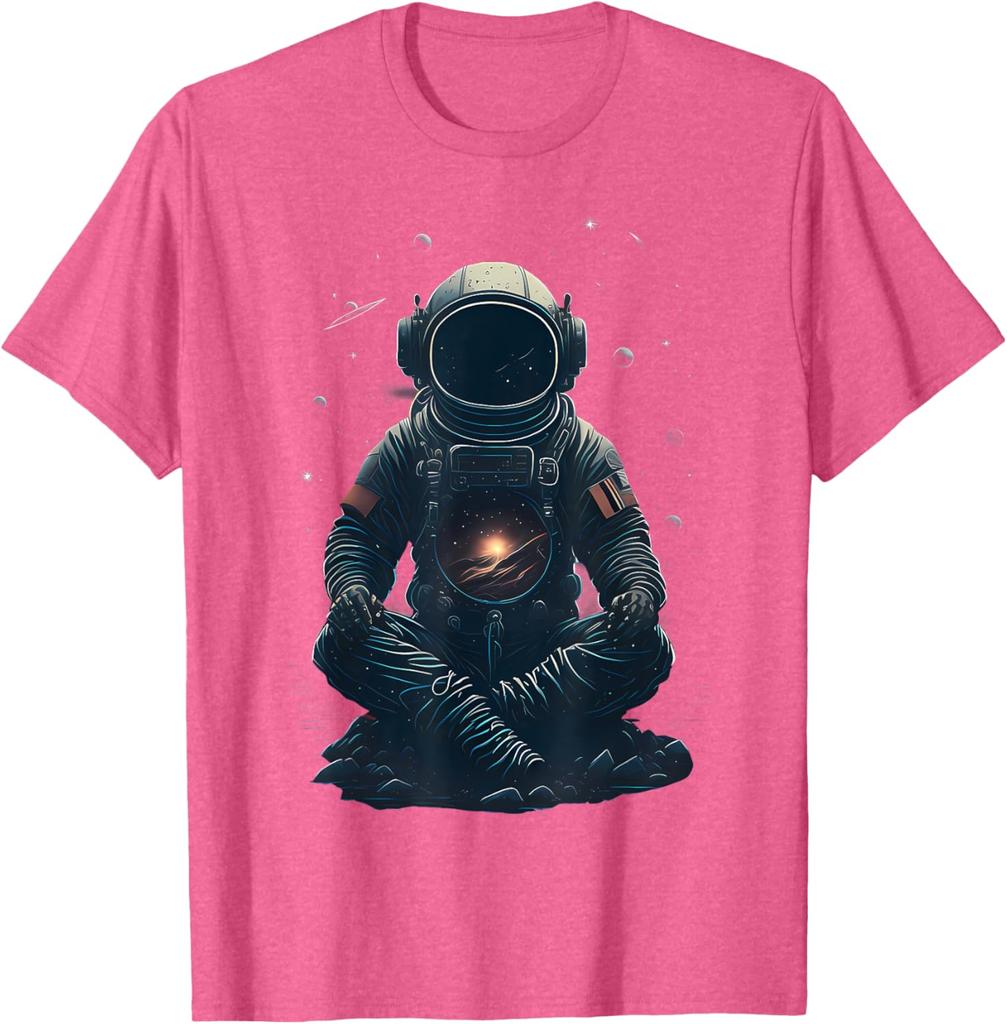Meditating Astronaut Galaxy Print Casual Cotton Short Sleeve Graphic Tee for Men