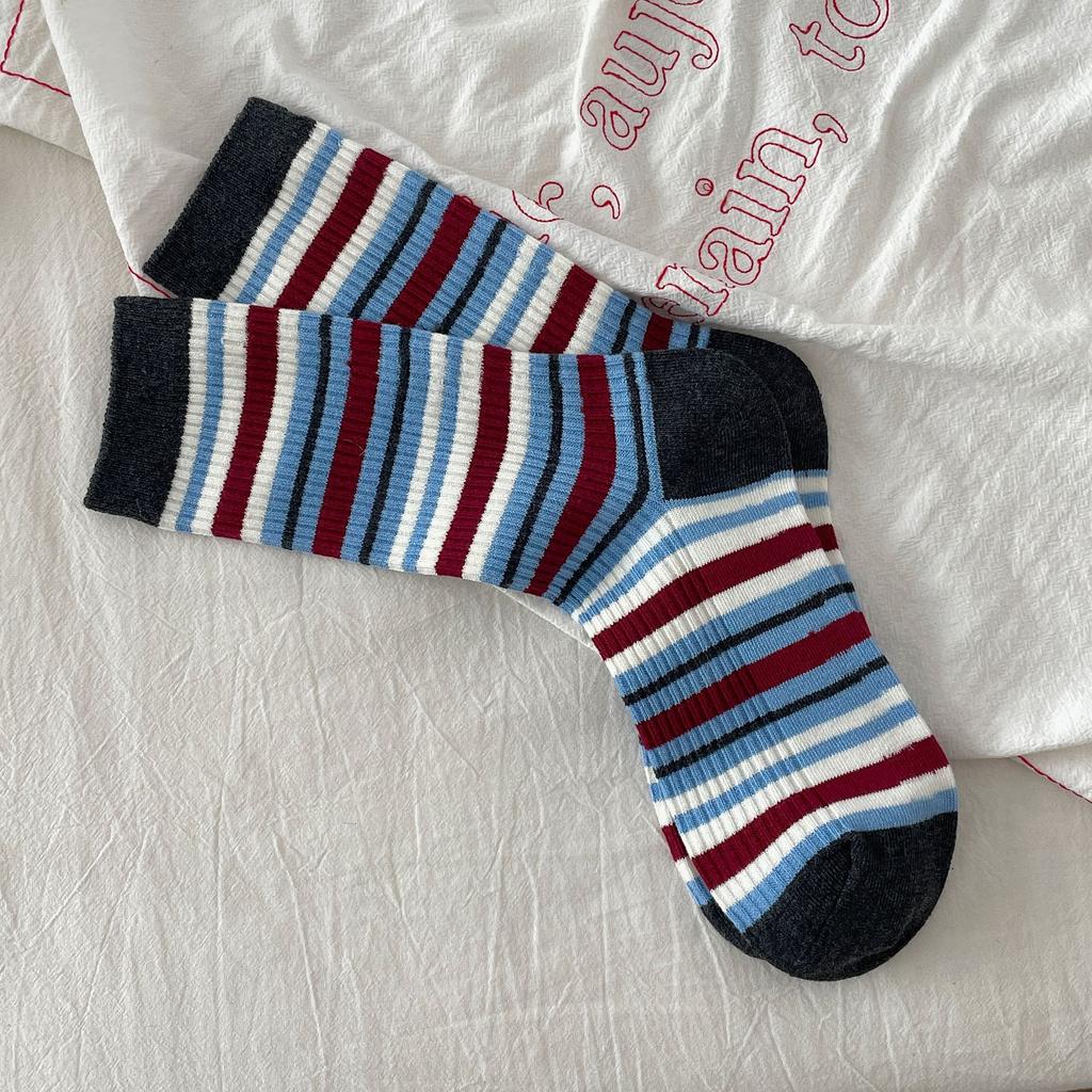 Korean Double Needle Striped Cotton Socks Autumn Retro Sports Stockings Piled Up Socks With Socks Stripes