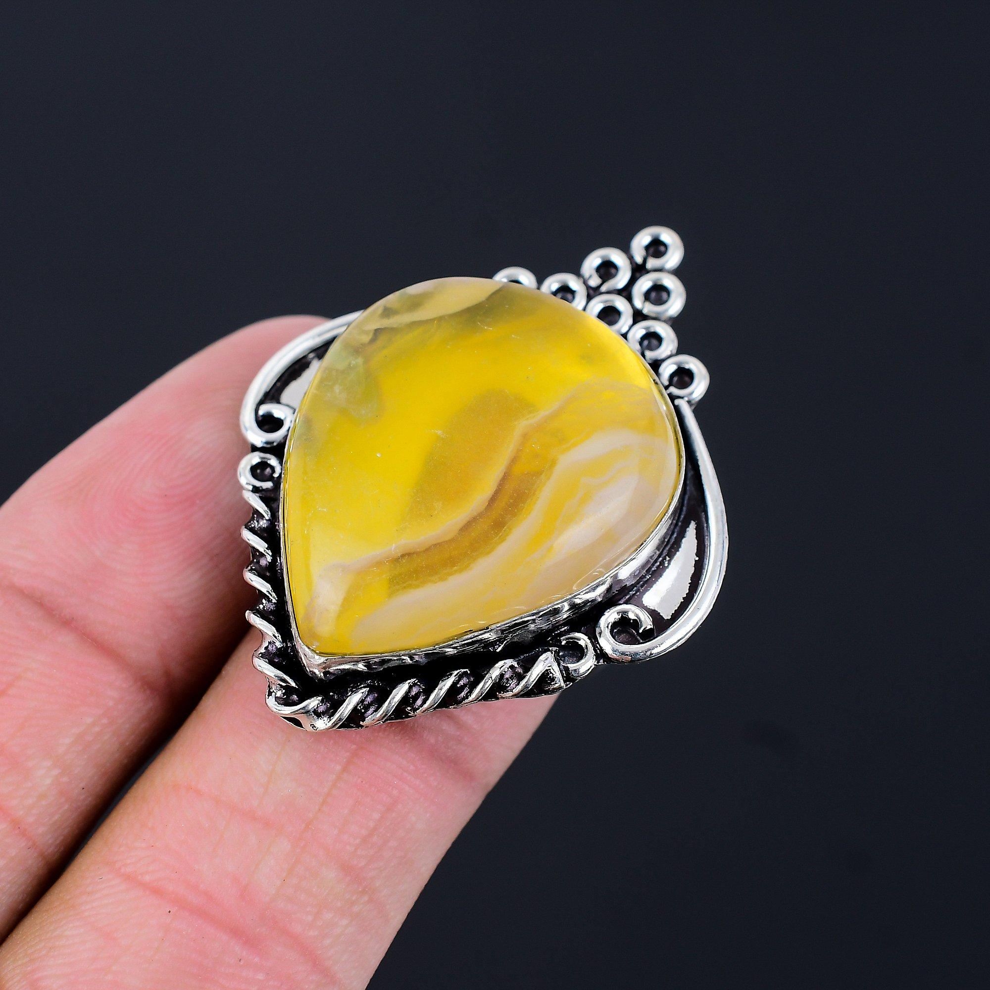 925 Silver Pear Multi Fluorite Gemstone Stackable Statement Ring Jewelry US 7.5 7.5