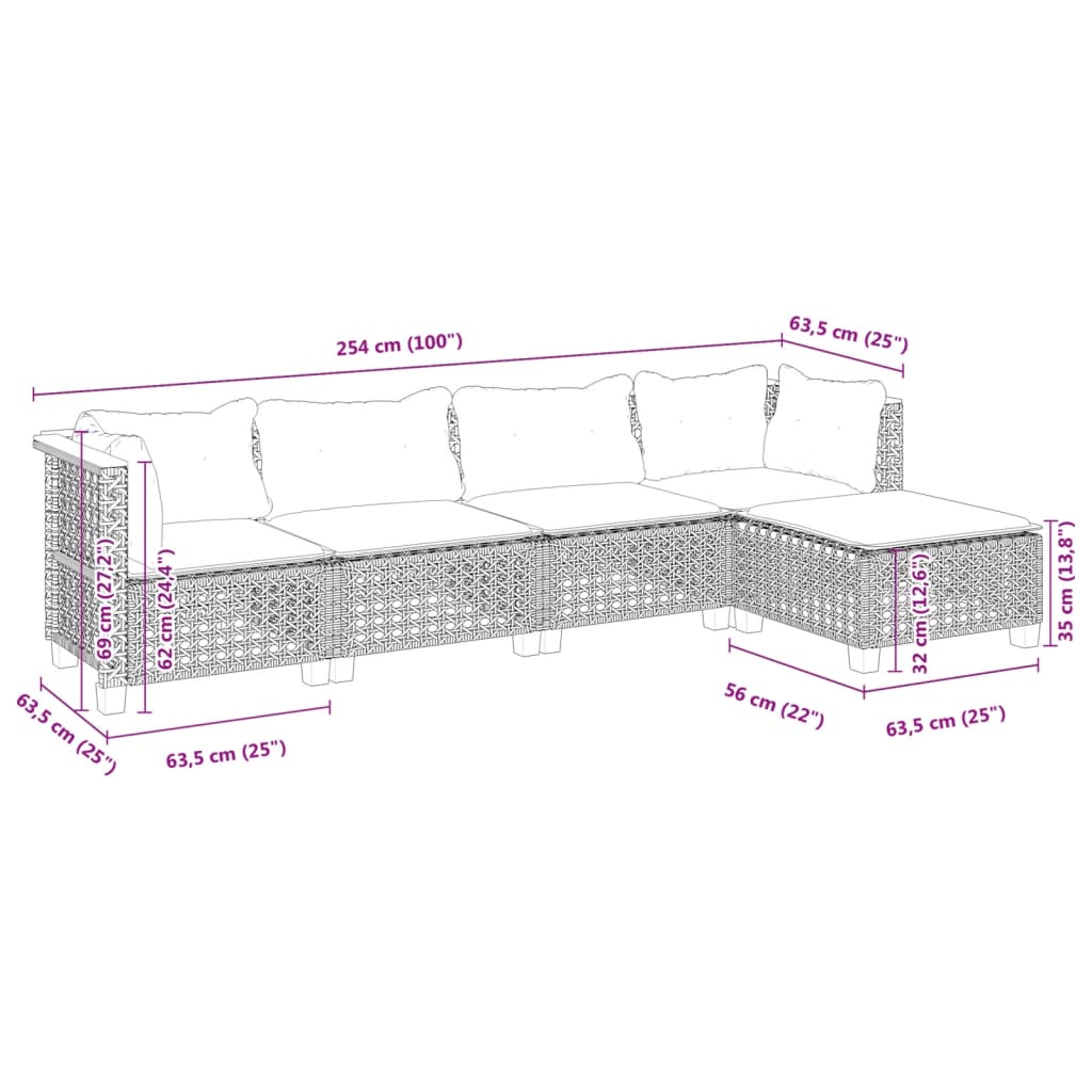 Vidaxl 5-Cz. Set da Giardino, Cuscini, Rattan PE Grigio