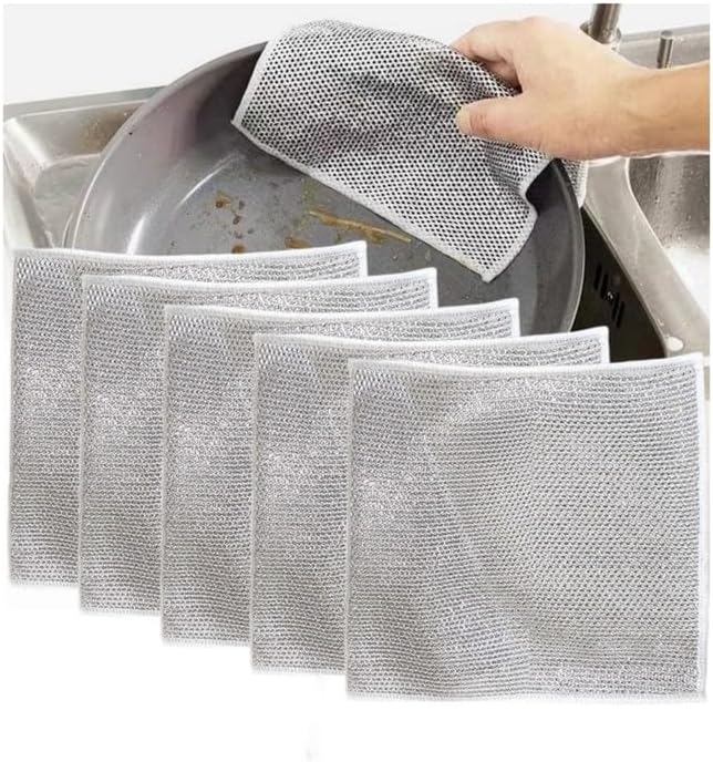 

Двостороння дротяна ганчірка, що не дряпається, посудний рушник із сталевого дроту для вологого та сухого дротяна ганчірка для посуду Мийки Стільниці Плити 5-Pack