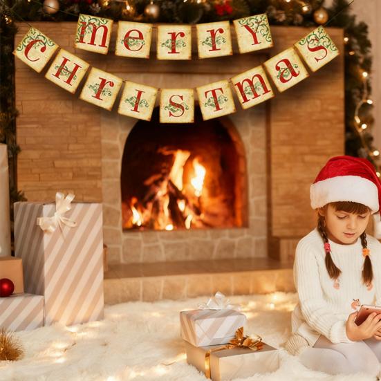 Yousheng Vintage Merry Christmas Banner Retro Nostalgic Christmas Garland Decoration for Indoor Home Office Wall Window Door Fireplace Mantle Xmas