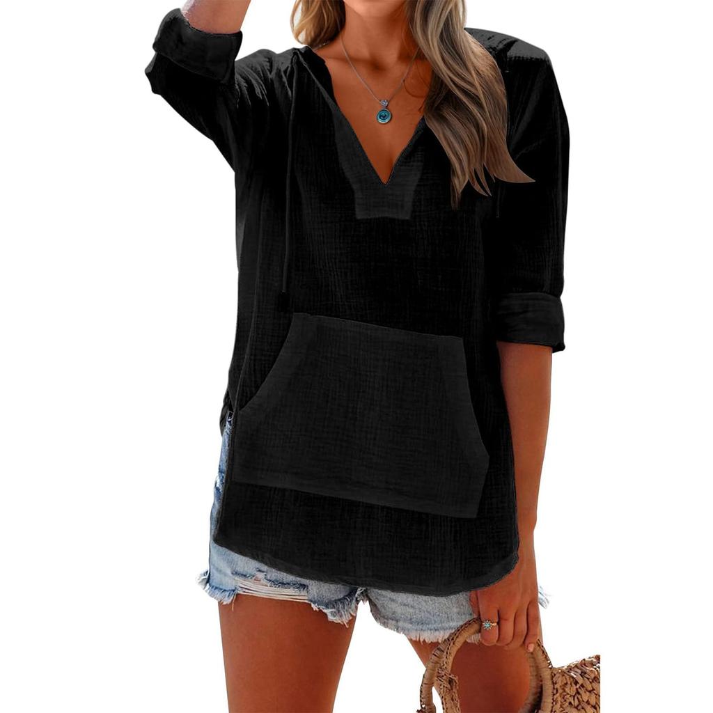 Langarmshirts für Damen Lässige V-Ausschnitt T-Shirts Leichte Pullover Tops Kapuzenpullover Sweatshirts Strand-Überwurf