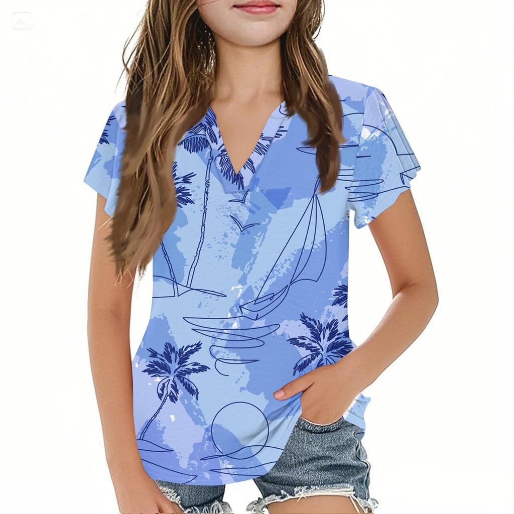Summer Children's Casual Fashion Short-Sleeved V-Neck Hawaiian Girls' Top