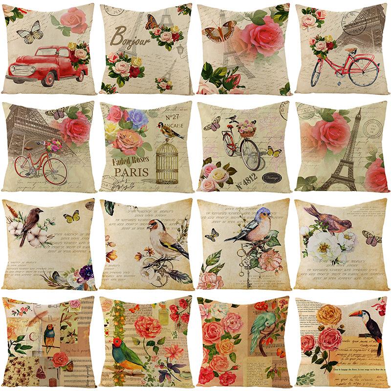 Polyester Pillowcase Nordic Retro Flower and Bird Letter Office Cushion Car Sofa Pillowcase Home
