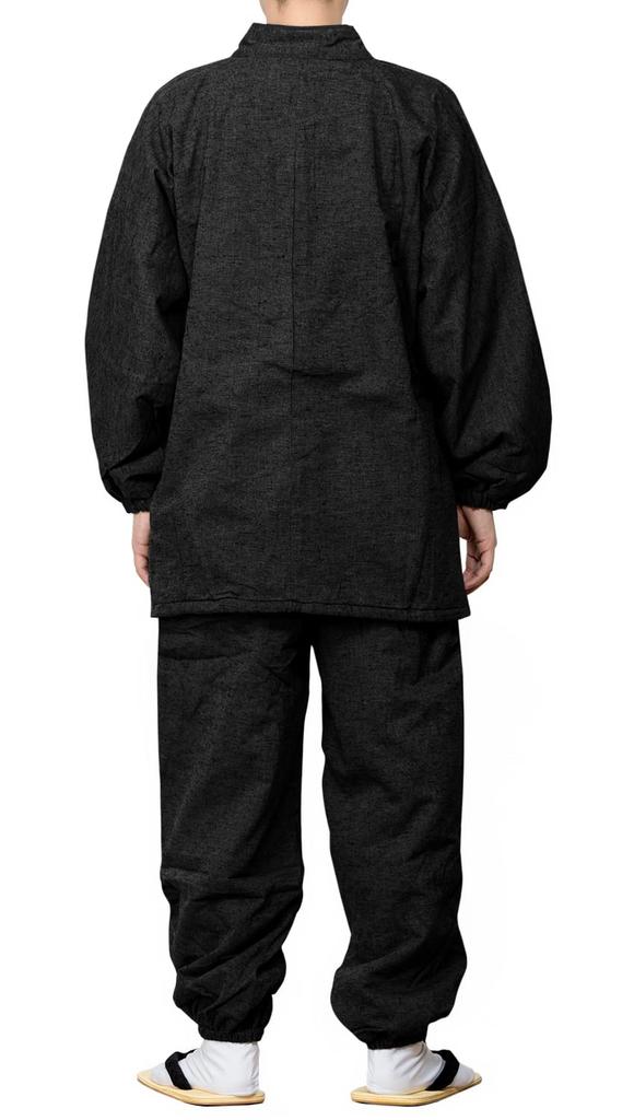 Kyoetsu Men's Winter Samue, Padded, Tsumugi-Style Fabric with Fleece Lining, Size 16 (M, Black)