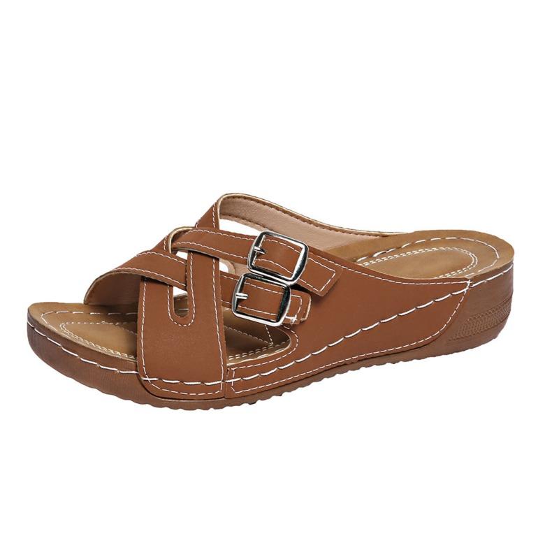 Large size flat bottom slope heel casual slippers new cross-strap solid color open-toed fish mouth slippers