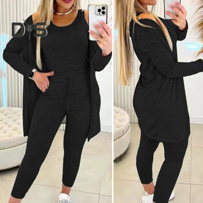 3 Pcs/Set Vest Coat Pants Set High Elastic Waist Slim Pants Round Neck Vest Long Sleeve Mid Length Coat Solid Color Soft Sporty Clothes Set Fall