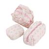 Quilted Floral Pink Bow Cosmetic Bag, Portable Cotton Makeup Pouch for Women, Travel Toiletry Storage Handbag Zipper