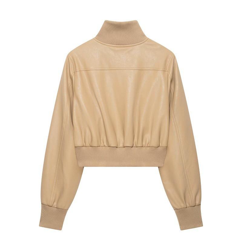 Womens 2026 Stand Collar Faux Leather Pilot Jacket Streetwear Oversized Casual Coat