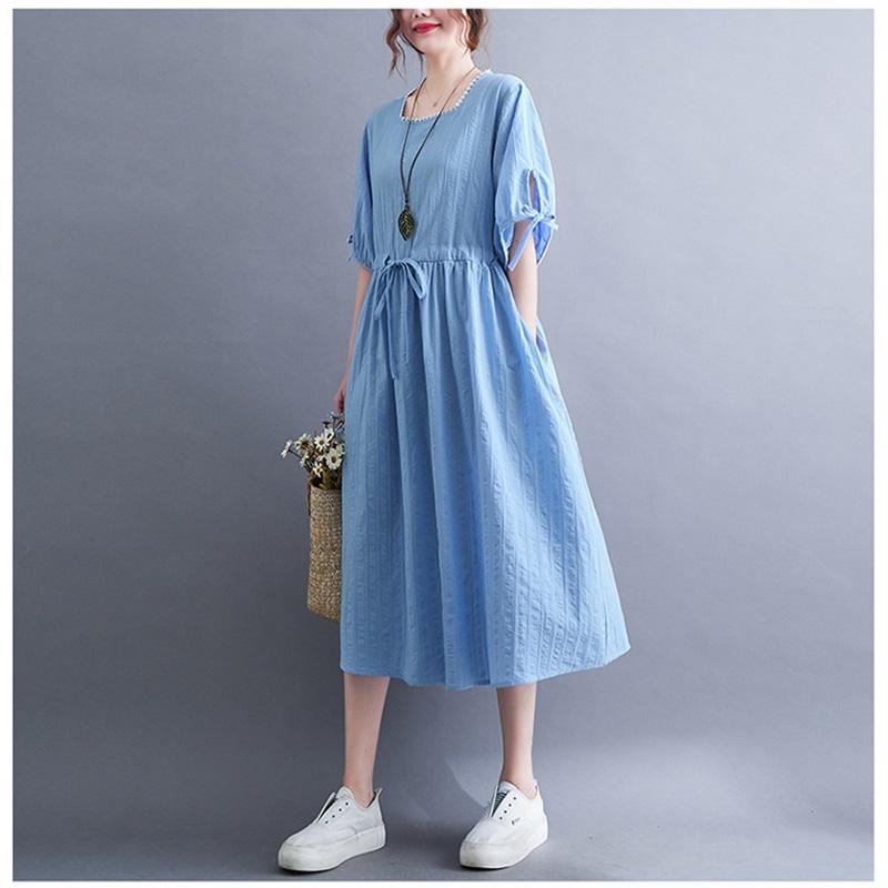 Long Dress Women Linen Large Size Loose Summer Solid Color Short-sleeved Dress Knee-length Thin Large Swing Dress