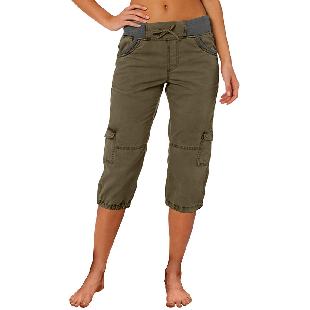 Ladies' Color Blocked Drawstring Multi Pocket Loose Workwear Casual Pants