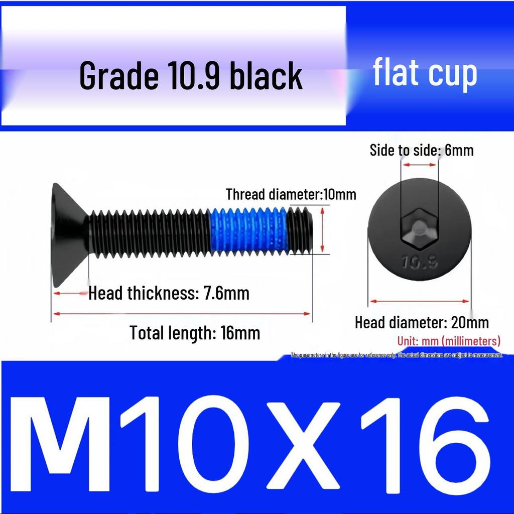 Black Anti-Slip Flat Cup Screw with Adhesive Blue Glue, Countersunk Hexagon Socket, Available in M2-M8 Sizes