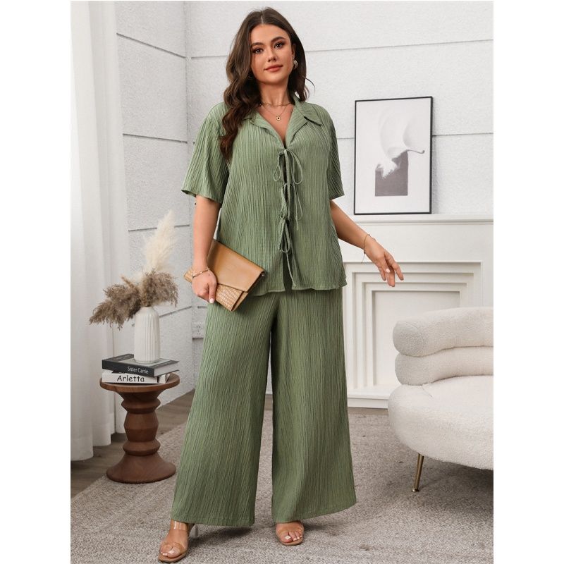 

XL-4XL Women 2 Set Suit Lady Tops Pants Short sleeve Top Knitted Trousers Set Green XXXXL