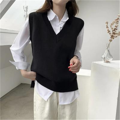 1 pieza de chaleco de suéter negro para mujer, chaleco de punto con cuello en V negro suelto coreano para otoño e invierno, suéter sin mangas, blusas básicas para mujer