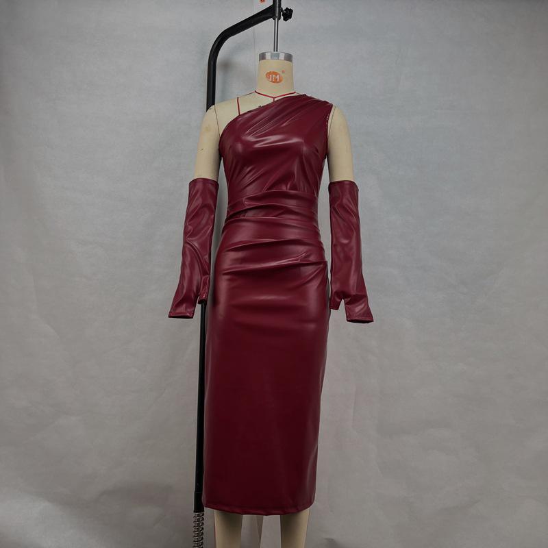 

Кожаное платье на одно плечо: Европейское и американское женское облегающее боди-бюстье с присборенной сексуальной юбкой с разрезом. L вино красного
