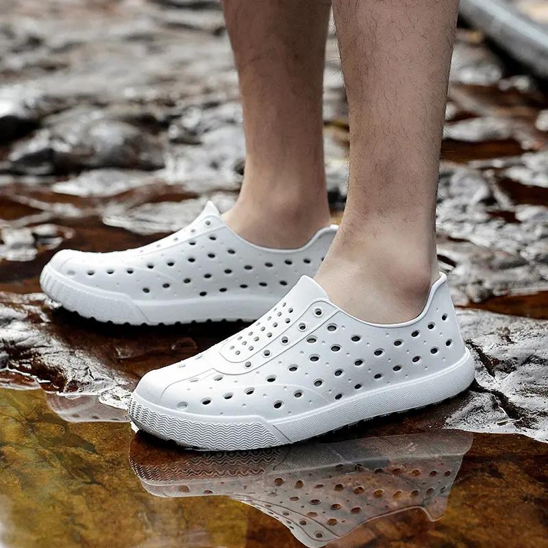 Matching Couple Perforated Sandals Waterproof & Breathable Slip-On Slides for Men and Women, Lightweight Flat Sole Outdoor Beach Shoes for Summer