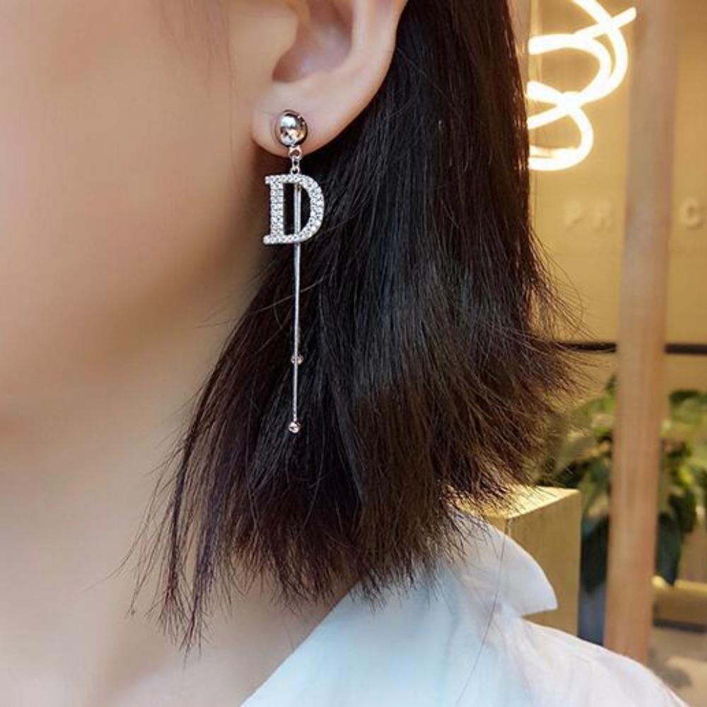 Exquisite Luxury Gold Color Letter D Long Drop Dangle Earrings for Women Charm Fashion Zircon Korea Earring Bride Jewelry Gift