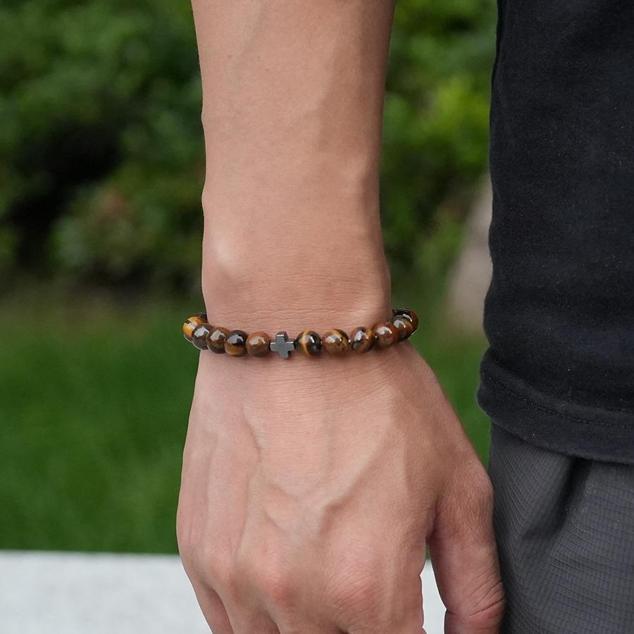Minimalist Cross Bracelet Men 8mm Natural Tiger Eyes Lava Hematite Stone Healing Braslet Bangle Leisure Versatile Accessories