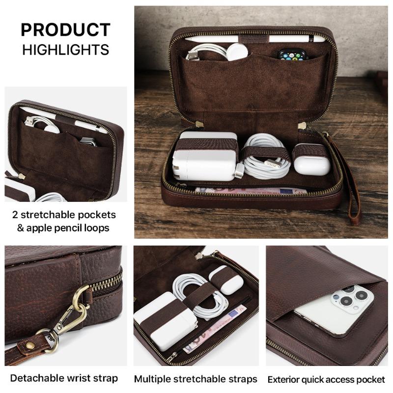 Genuine Leather Phone Cable Storage Bag Zipper Portable