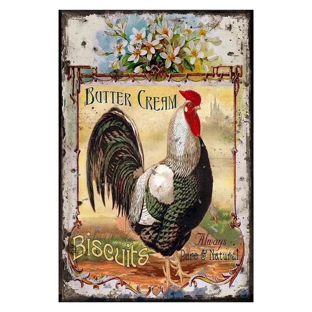 Antique Country Barnyard Rooster Chicken Metal Sign Retro Farm Wall Art For Farmhouse Kitchen Barn Cafe Wall Decoration