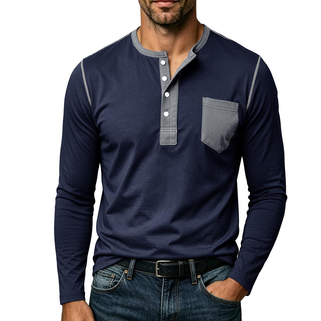 Mens Contrast Color Pocket Long Sleeve Crew Neck Henley Casual T Shirt