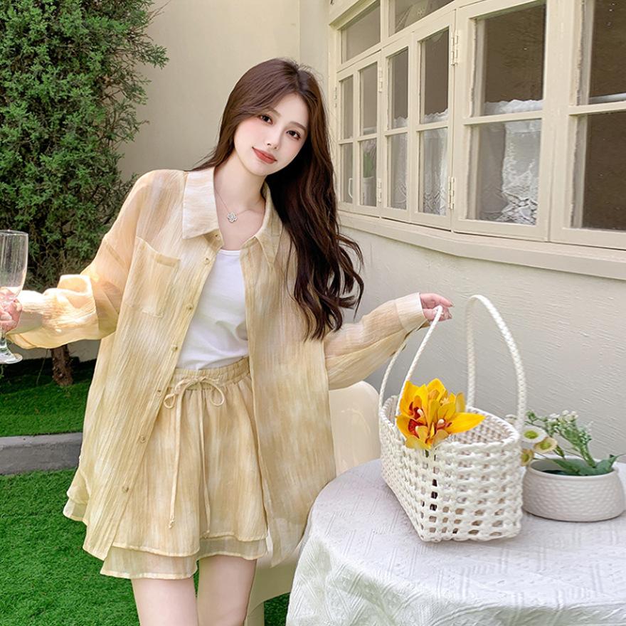 

Желтая легкая солнцезащитная рубашка, повседневный костюм, женский летний новый, маленькая облегающая юбка, милый модный комплект из двух предметов XL жёлтый