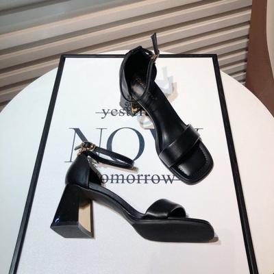Fashion Ladies Shoes One Word Block Heel Chunky Women's Sandals Strip Pole Dance Open Toe Thick Black 2024 Luxury Summer Offers Trend