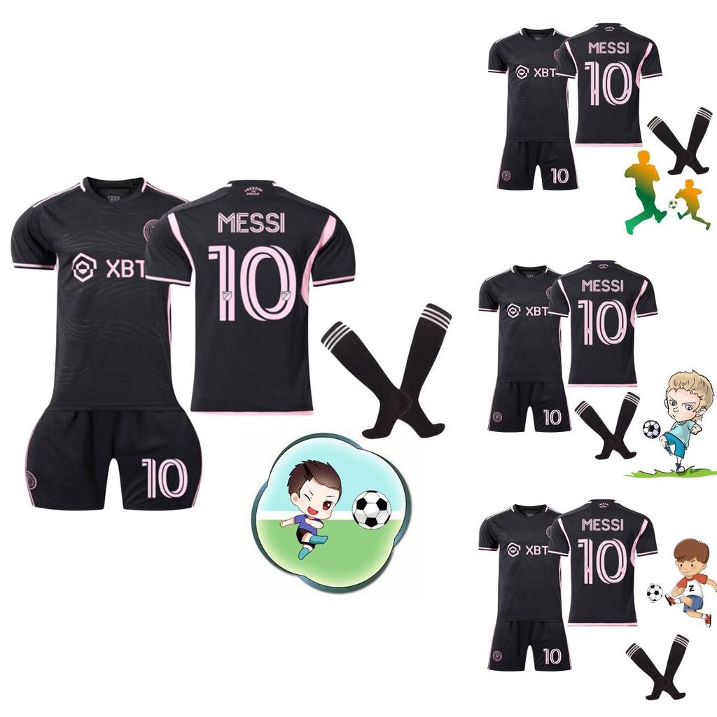 Miami 10 Messi Fußballuniform Heim Auswärts Schwarz Rosa Polyesterstoff Hemd Hose Socken Enthalten