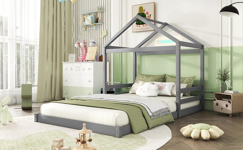 House Bed, 140 X 200 Cm, Children's Bed In House Shape with Slatted Frame (without Mattress), Pine Wood, Minimalist Style, Grey