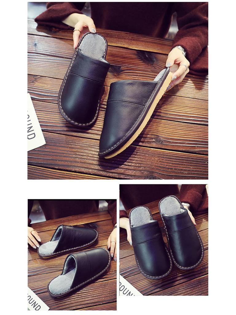 Women's & Men's Genuine Leather Indoor Slippers - Warm Cowhide Cotton, Thickened for Autumn/Winter