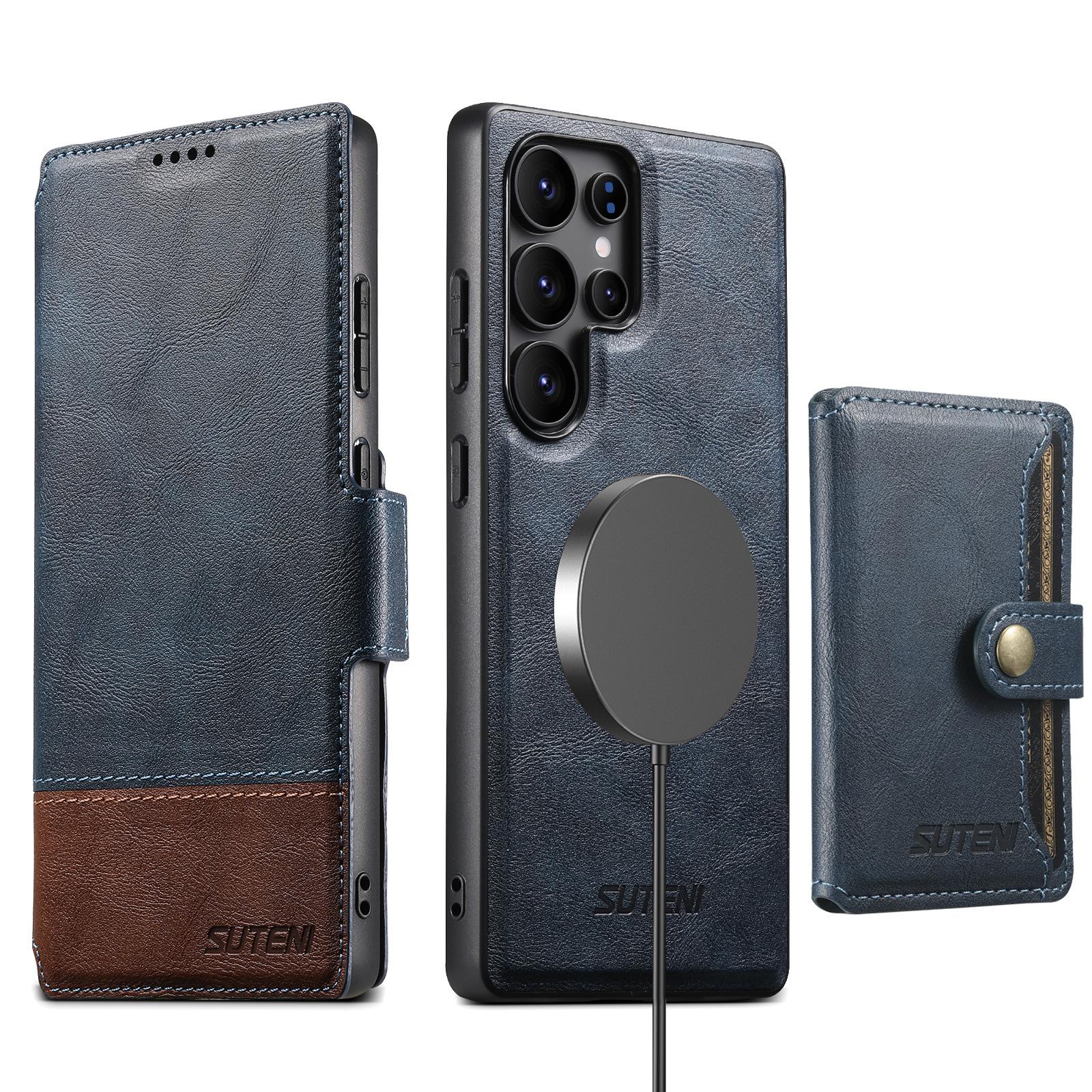 

Two Colored Leather Phone Case for Samsung Galaxy S25 Ultra S22 S23 S24Ultra Magnetic Detachable Card Slot Wallet Holder Cover Galaxy S25 Ultra синий