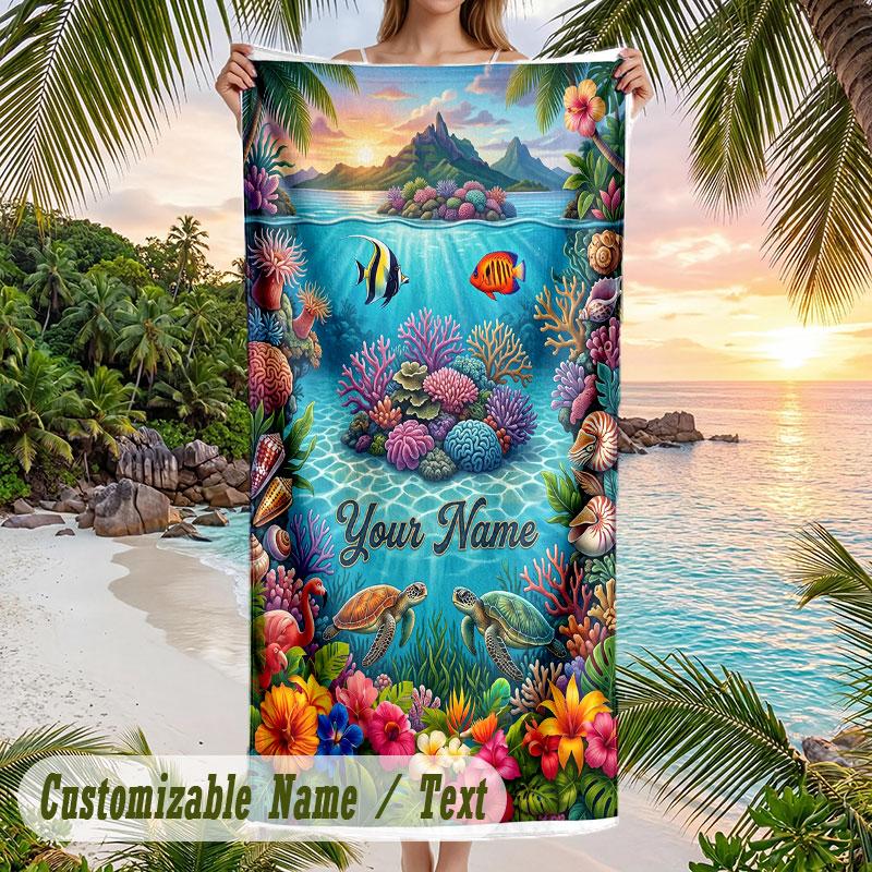 Underwater Friends Adventure Theme Quick Dry Beach Towel Custom Name Text Print Large Sand Resistant Towel Beach Vacation
