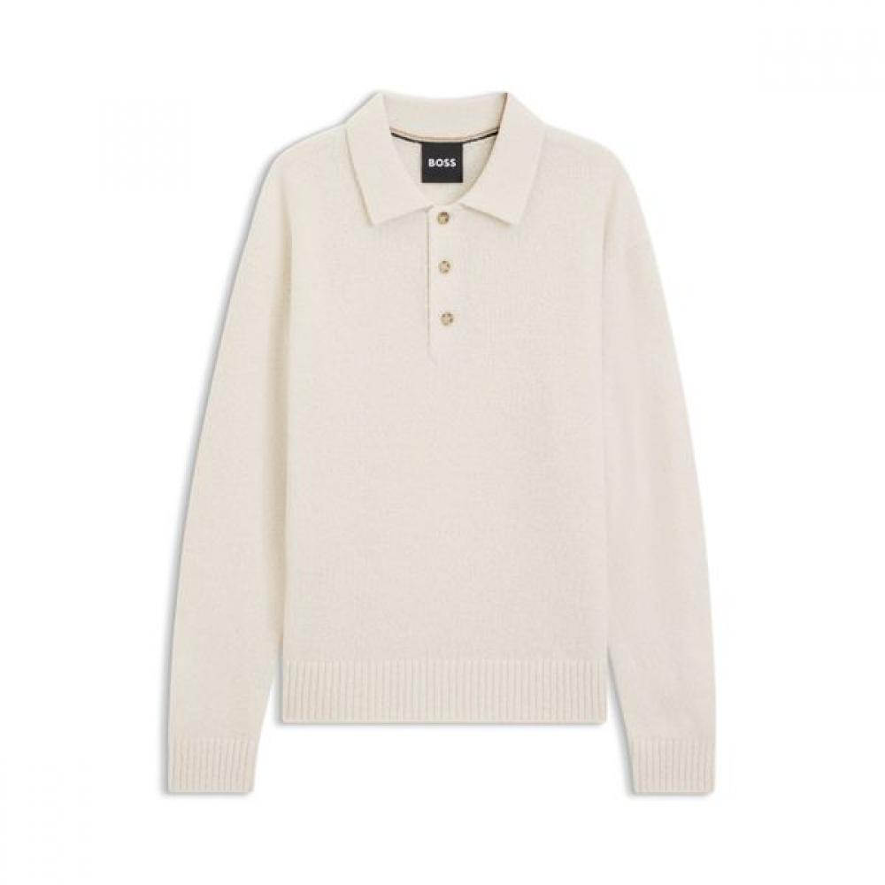 Boss Relaxed Fit Collar Virgin Wool Sweater Open White L