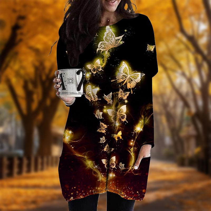 New In Autumn Flowing Butterfly Print Plus Size Dress Women O'neck Long Sleeves Casual Pocket Dresses