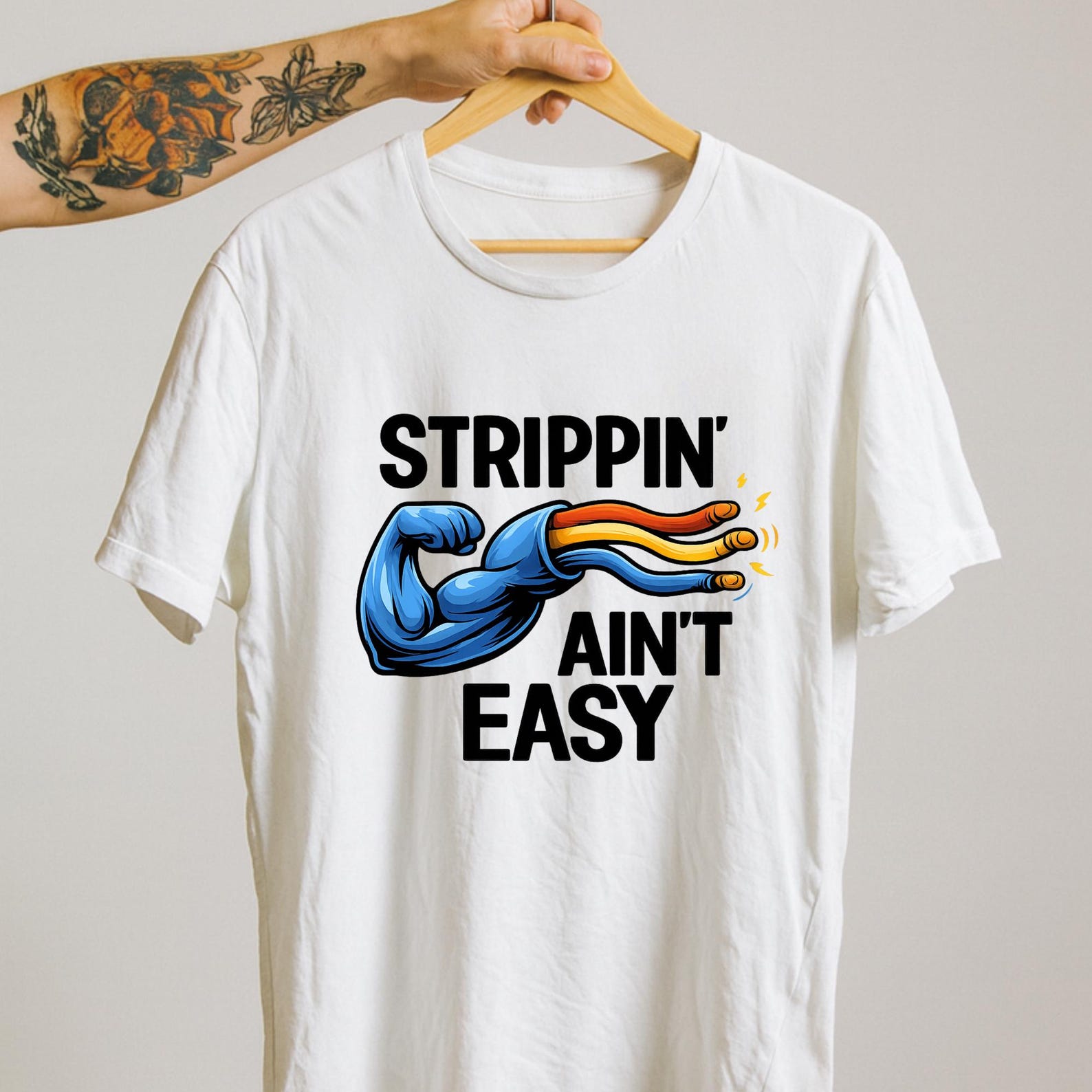 Strippin’ Ain’t Easy Shirt – Funny Electrician Muscle Cable T-Shirt, Blue Collar Work Humor Tee, Gift for Electrician. XL