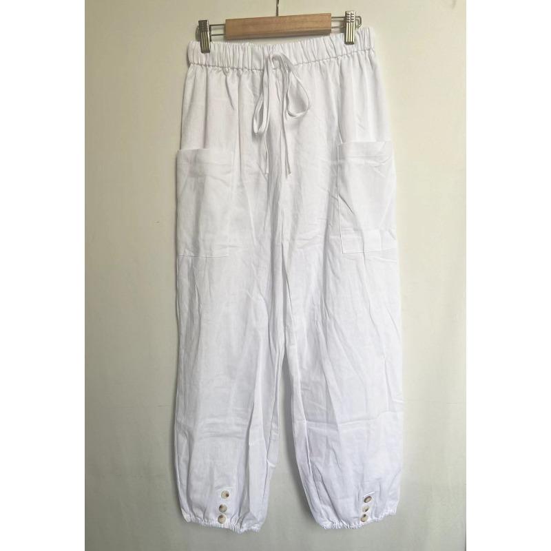 Women Elastic Waist Linen Blend Pants Drawstring Cropped Trousers With 10 Color Options S