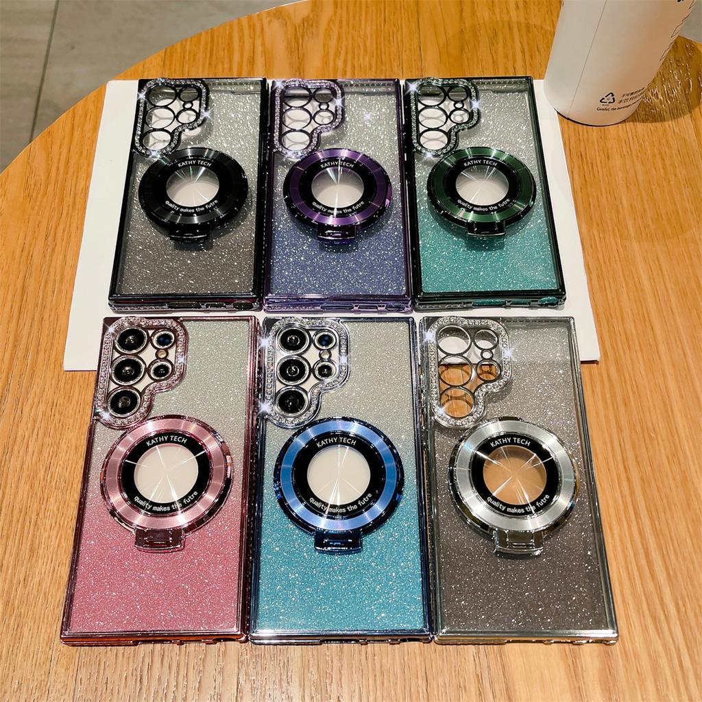 Samsung 25 Ultra Mobile Phone Case Rhinestone Flash Powder Electroplated Magnetic Bracket for Women's Model Suitable for S24 Soft Shell Anti Fall